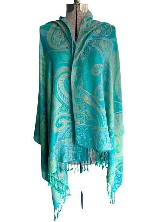 Pashmina Wrap Shawl Scarf Blue Green Paisley Fashion Scarf Reversible - Picture 2 of 7